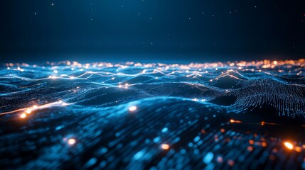 Abstract Digital Landscape with Glowing Lines and Particles in Blue and Orange