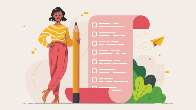 Task Planning Illustration — Person Holding Giant Pencil Beside Checklist Scroll with Flying Paper Plane Symbolizing Goal Setting and Productivity - Powered by Adobe
