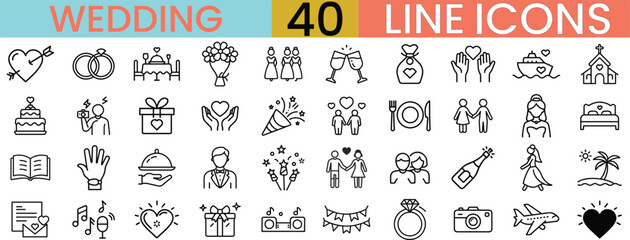 Wedding and Romantic Line Icons – 40 Editable Vector Symbols for Love, Marriage, Couple, and Celebration Designs