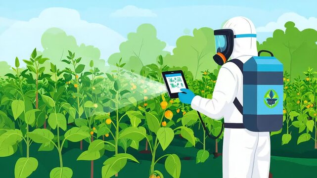 Person in protective gear sprays plants in a green field