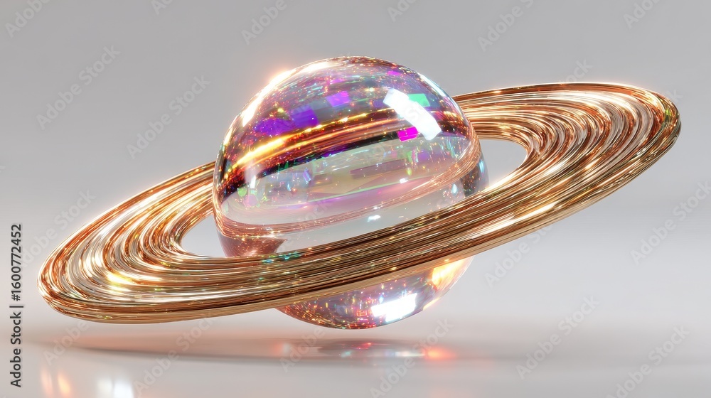 Poster holographic 3d icon of saturn with shimmering rings and glowing edges floating in mid-air with prism