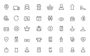 Costume rental business icon set with thin linear vector pictograms of location, delivery, accessories, fitting, shoes, measurement, return, discount coupon illustration and more.