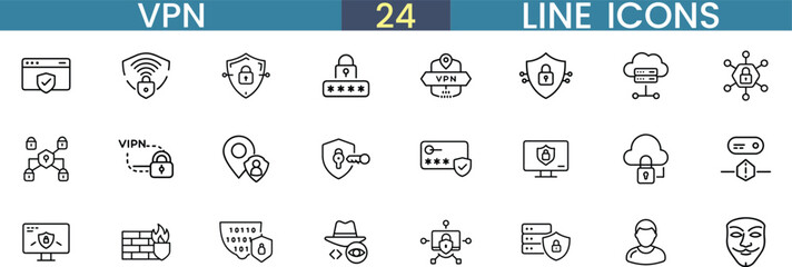 VPN and Internet Security Line Icons – Editable Vector Symbols for Firewall, Encryption, Privacy and Safe Browsing