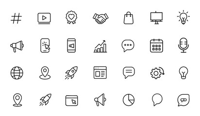 Marketing icon set with thin linear vector pictograms: hashtag, content video, loyalty, partnership, handshake, shopping, strategy, billboard, idea, click, digital advertising symbols
