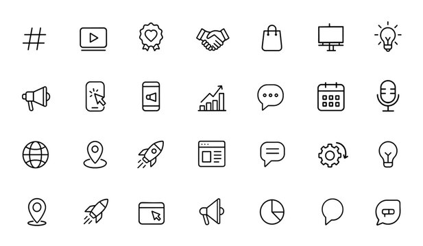 Marketing icon set with thin linear vector pictograms: hashtag, content video, loyalty, partnership, handshake, shopping, strategy, billboard, idea, click, digital advertising symbols