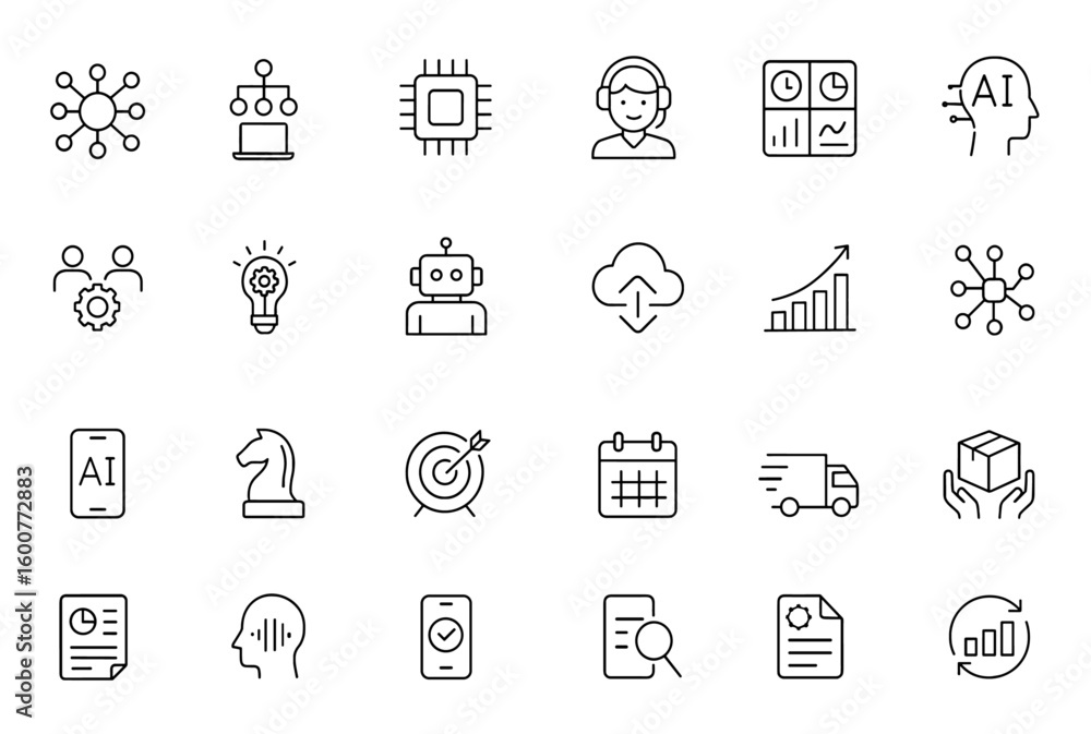 Aufkleber business ai icon set with thin linear vector pictograms: neural network, machine learning, chip, cus