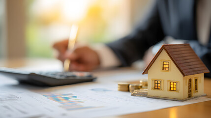 Real Estate concept, Agent to present the property .price for loan investment chart graph documents and calculating table payment to customer.