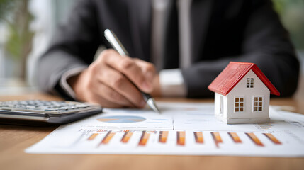 Real Estate concept, Agent to present the property .price for loan investment chart graph documents and calculating table payment to customer.