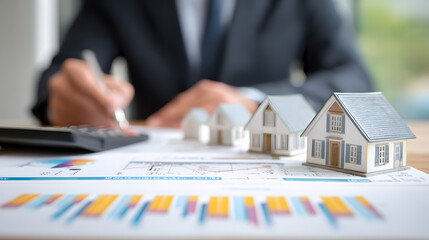 Real Estate concept, Agent to present the property .price for loan investment chart graph documents and calculating table payment to customer.