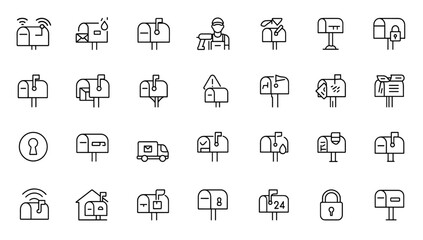 Professional mailbox installation icon set: vector pictograms of smart sensor, waterproof parcel, secure posthole, decorative paint, thin linear illustration, installer, modern, reliable and more.