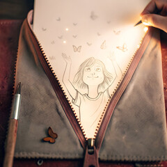 Obraz premium girl reading a book and stars coming out of the p