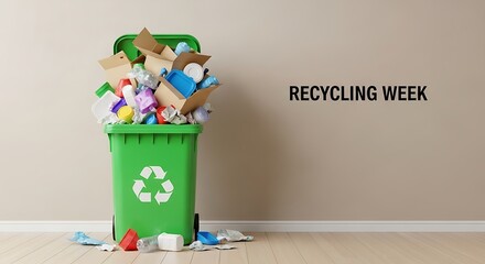 A green recycling bin overflowing with waste highlights recycling week promoting environmental