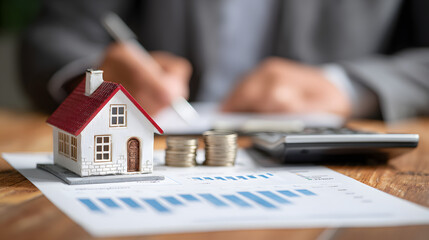 Real Estate concept, Agent to present the property .price for loan investment chart graph documents and calculating table payment to customer.
