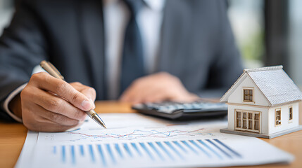 Real Estate concept, Agent to present the property .price for loan investment chart graph documents and calculating table payment to customer.
