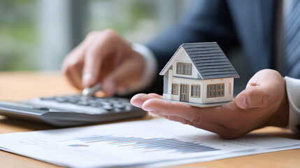Real Estate concept, Agent to present the property .price for loan investment chart graph documents and calculating table payment to customer.