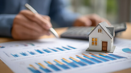 Real Estate concept, Agent to present the property .price for loan investment chart graph documents and calculating table payment to customer.