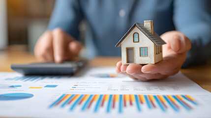 Real Estate concept, Agent to present the property .price for loan investment chart graph documents and calculating table payment to customer.
