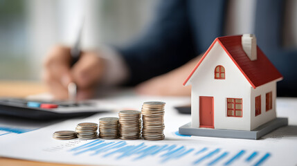 Real Estate concept, Agent to present the property .price for loan investment chart graph documents and calculating table payment to customer.