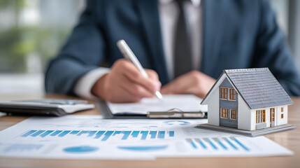 Real Estate concept, Agent to present the property .price for loan investment chart graph documents and calculating table payment to customer.