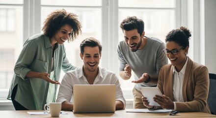 Vibrant Diverse Team Sharing Genuine Laughter and Excitement During Productive Office Brainstorm.