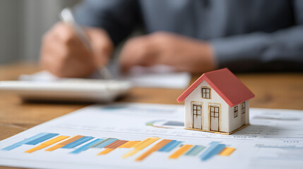 Real Estate concept, Agent to present the property .price for loan investment chart graph documents and calculating table payment to customer.