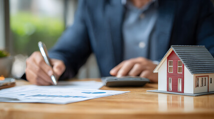 Real Estate concept, Agent to present the property .price for loan investment chart graph documents and calculating table payment to customer.