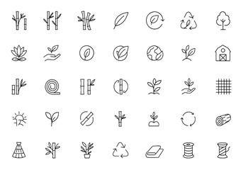 Bamboo icon set vector with glyph pictograms featuring bamboo stalk, leaf, fabric, ecology, nature, sustainability concept, black silhouette illustration, environment, green and more.