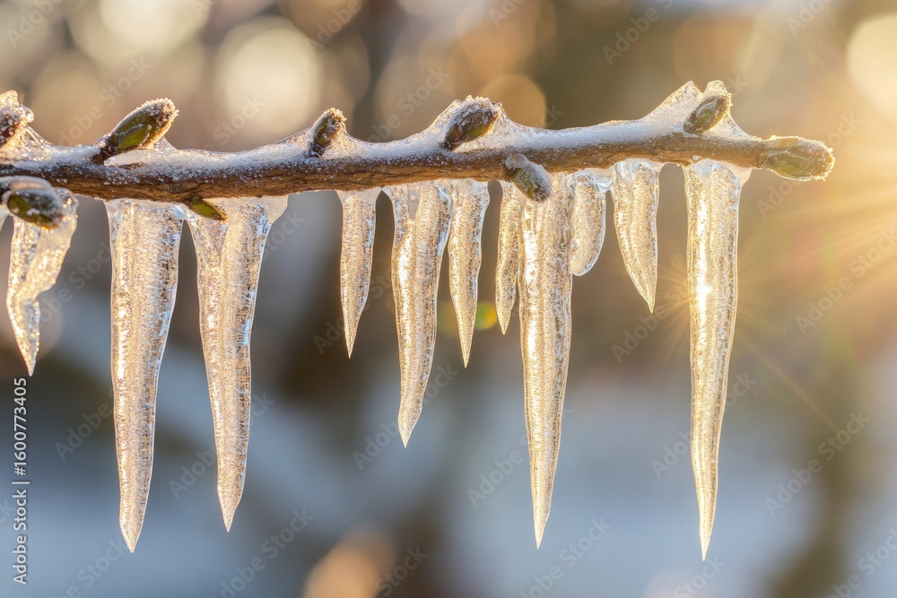 Poster frozen icicles dangle from a tree branch as sunlight streams through them, creating a stunning displ
