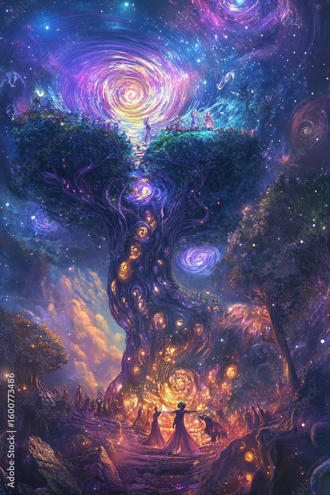 Poster this enchanting image features a celestial tree spiraling through a vibrant galaxy, with dancing fig