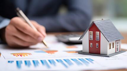 Real Estate concept, Agent to present the property .price for loan investment chart graph documents and calculating table payment to customer.