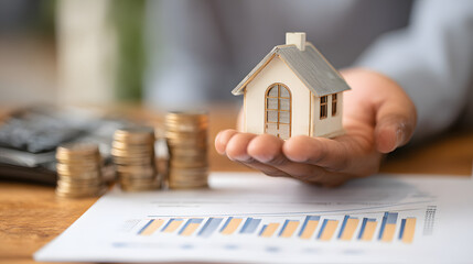 Real Estate concept, Agent to present the property .price for loan investment chart graph documents and calculating table payment to customer.