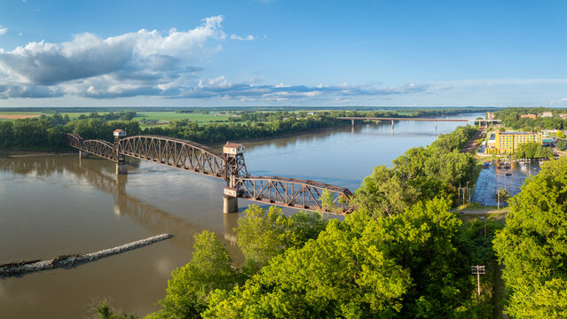 Historic railroad Katy Bridge over Missouri River at Boonville with a lifted midsection  - summer aerial view - Powered by Adobe