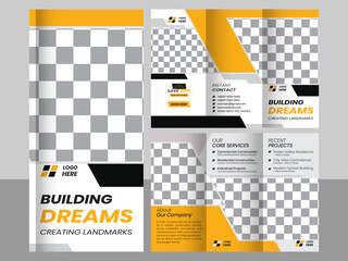 Modern Construction Company Tri-Fold Brochure Template,Corporate Trifold Brochure Design for Construction Services,Building Construction Trifold Brochure Layout,