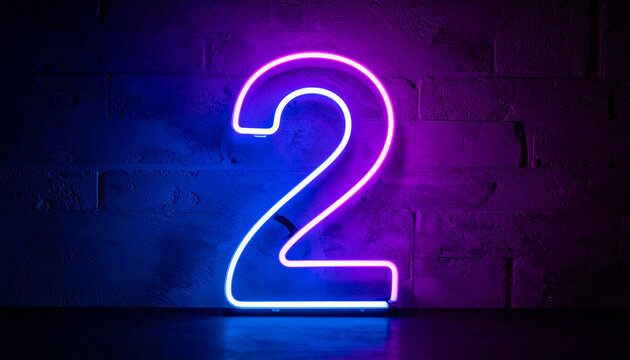 Glowing neon number 2 two, bright light. 3D rendering. Dark backdrop.