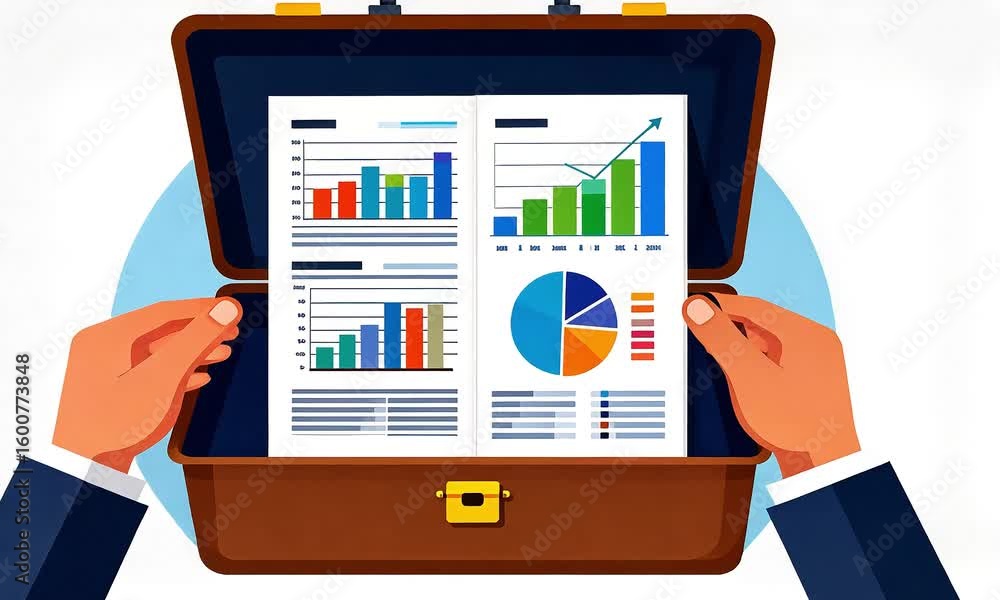 Poster hands opening briefcase with charts and graphs