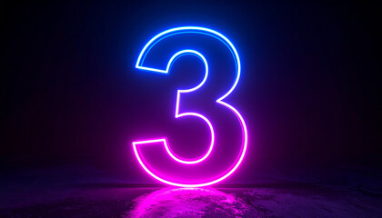 Glowing neon number 3 three, bright light. 3D rendering. Dark backdrop.