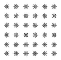 Intricate snowflake line icon set with thin linear vector pictograms featuring mandala-inspired patterns, diamond shapes, teardrop motifs for Christmas, New Year celebration, festive design and more.