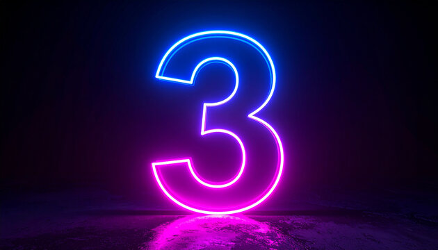 Glowing neon number 3 three, bright light. 3D rendering. Dark backdrop.