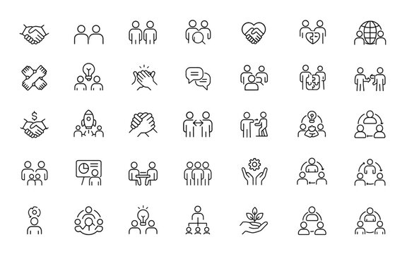 Collaboration and partnership icon set — thin linear vector pictograms illustrating teamwork, shared success, global cooperation, mutual support, project launch, achievement and more.
