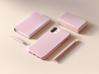 Minimalist flat lay of pink stationery and smartphone on beige