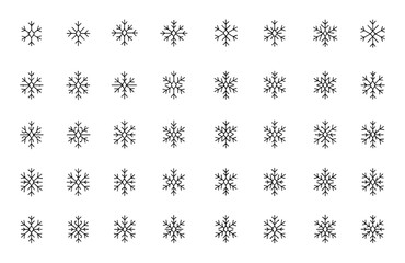 Minimalist snowflake line icon set with abstract spiky twig-like diamond-shaped designs, thin linear vector pictograms for Christmas, New Year, winter holiday, festive decoration, seasonal icons
