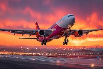 **Hyper-Realistic Image Of A Wide-Body Airplane Captured From The Side During Takeoff At Sunset. The Landing Gear Is Retracting As The Aircraft Lifts Off The Runway With Dramatic Motion, Yet Every Det
