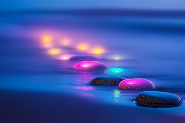 Obraz premium Early morning mist covering glowing colorful pebbles on a serene beach with soft, diffused light 
