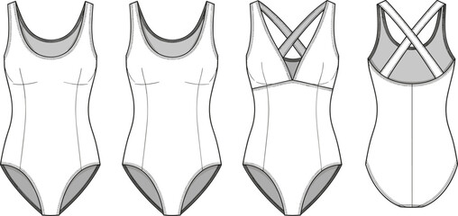 Women’s fashion bodysuit technical flat drawing, front and back view, swimsuit style, vector apparel sketch, detailed cad template