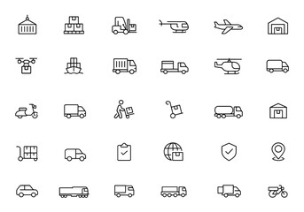 Vector line icon set of commercial vehicles with thin linear illustrations. Includes container, pallet, forklift, cargo truck, plane, drone, ship, train, helicopter, warehouse, pictograms