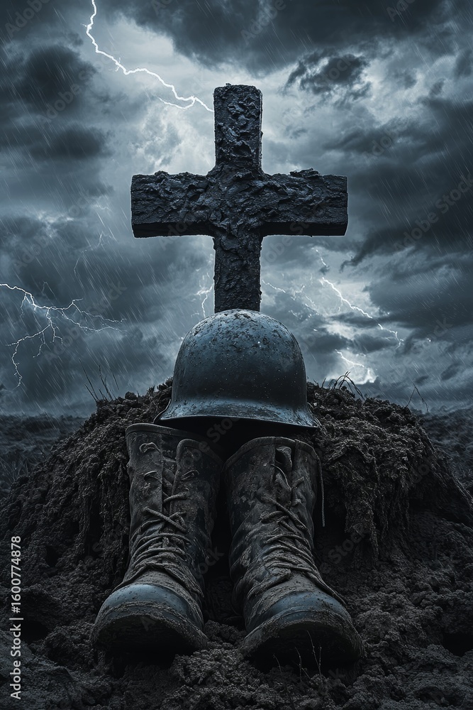 Poster cross is on top of a pile of dirt and a pair of boots. the image has a dark and ominous mood, as if 
