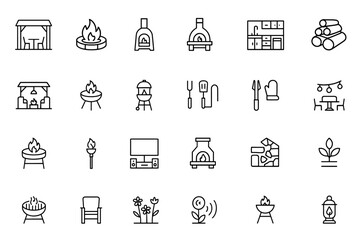 Outdoor backyard firepit icon set with thin linear vector pictograms of patio, fireplace, chiminea, pizza oven, kitchen, firewood, propane tank, and illustration