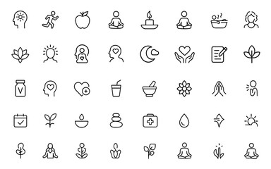 Self-Care and Wellness line icon set with thin linear vector pictograms of mental clarity, fitness, nutrition, meditation, relaxation, stress relief, body-mind connection, mental health, calm