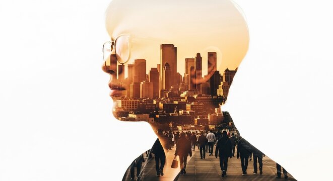 Urban Mindscape Double Exposure of Cityscape and Contemplative Profile.
