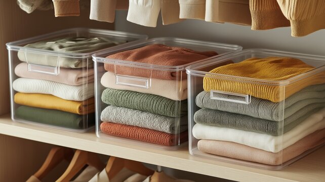 Neatly folded sweaters in clear bins on wooden shelves create a cozy, organized wardrobe.